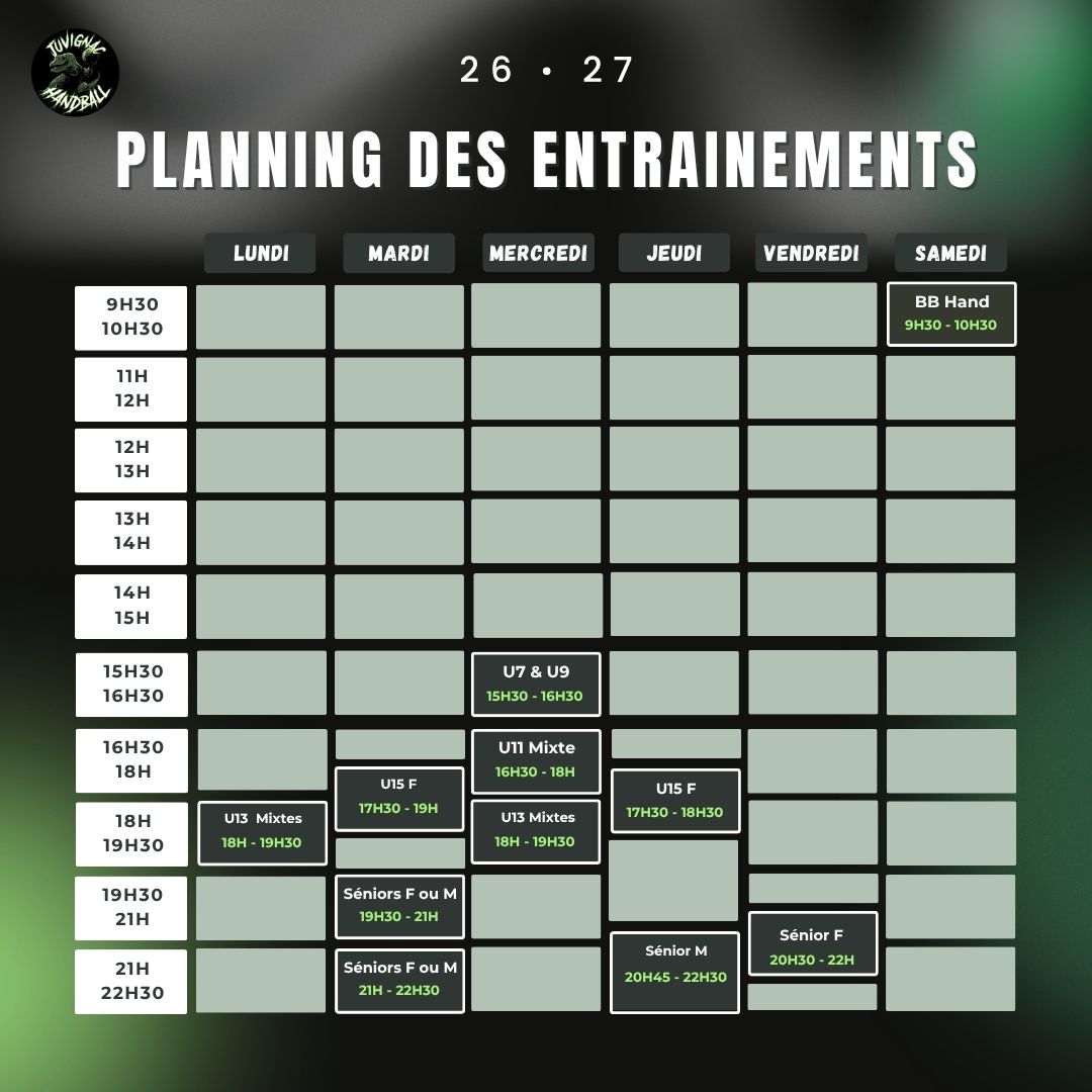 Planning des entraînements 2026-2027