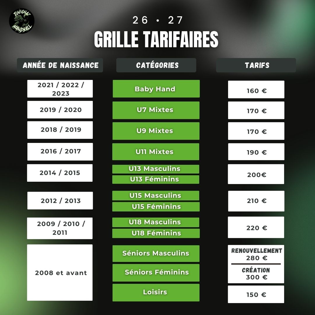 Grille tarifaire 2026-2027